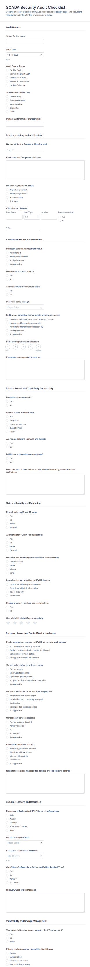 SCADA Security Audit Checklist Form Template