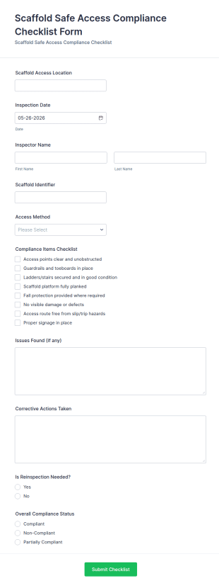 Scaffold Safe Access Compliance Checklist Form Template