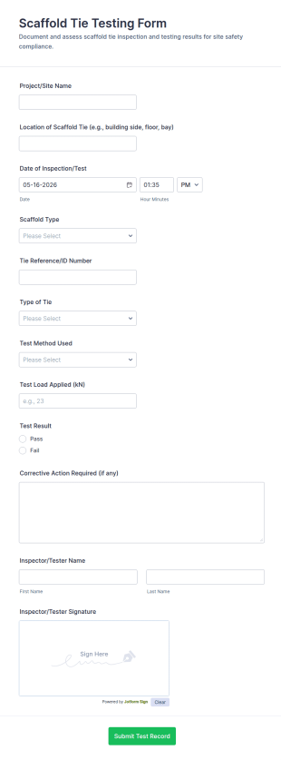 Scaffold Tie Testing Form Template