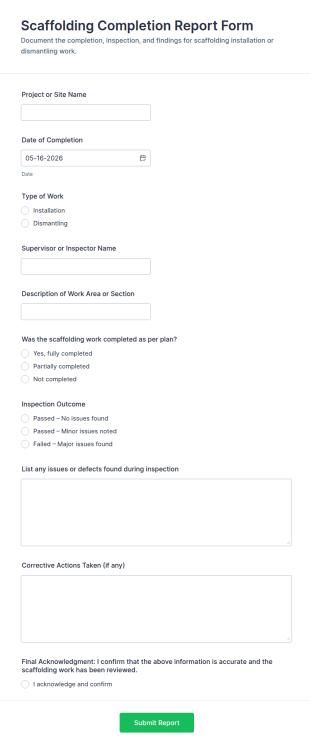 Scaffolding Completion Report Form Template