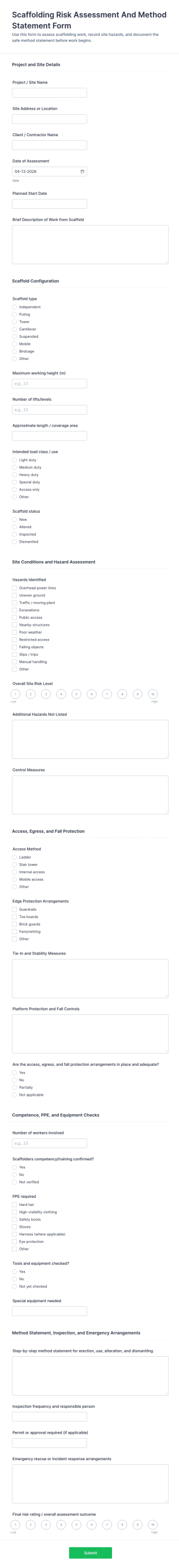 Scaffolding Risk Assessment And Method Statement Form Template
