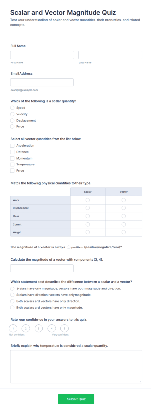 Scalar And Vector Magnitude Quiz Form Template