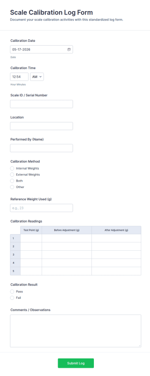 Scale Calibration Log Form Template