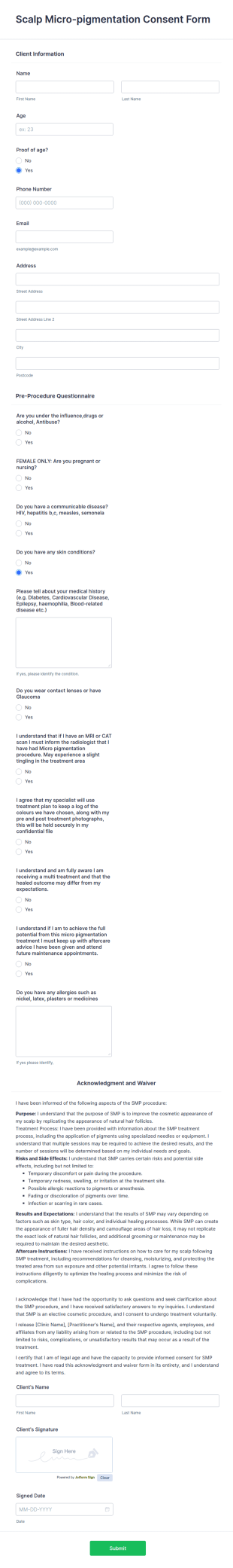 Scalp Micro Pigmentation Consent Form Template