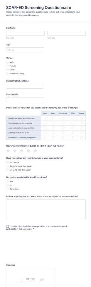 SCAR ED Screening Questionnaire Form Template