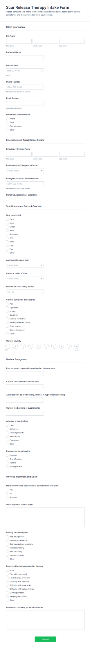 Scar Release Therapy Intake Form Template