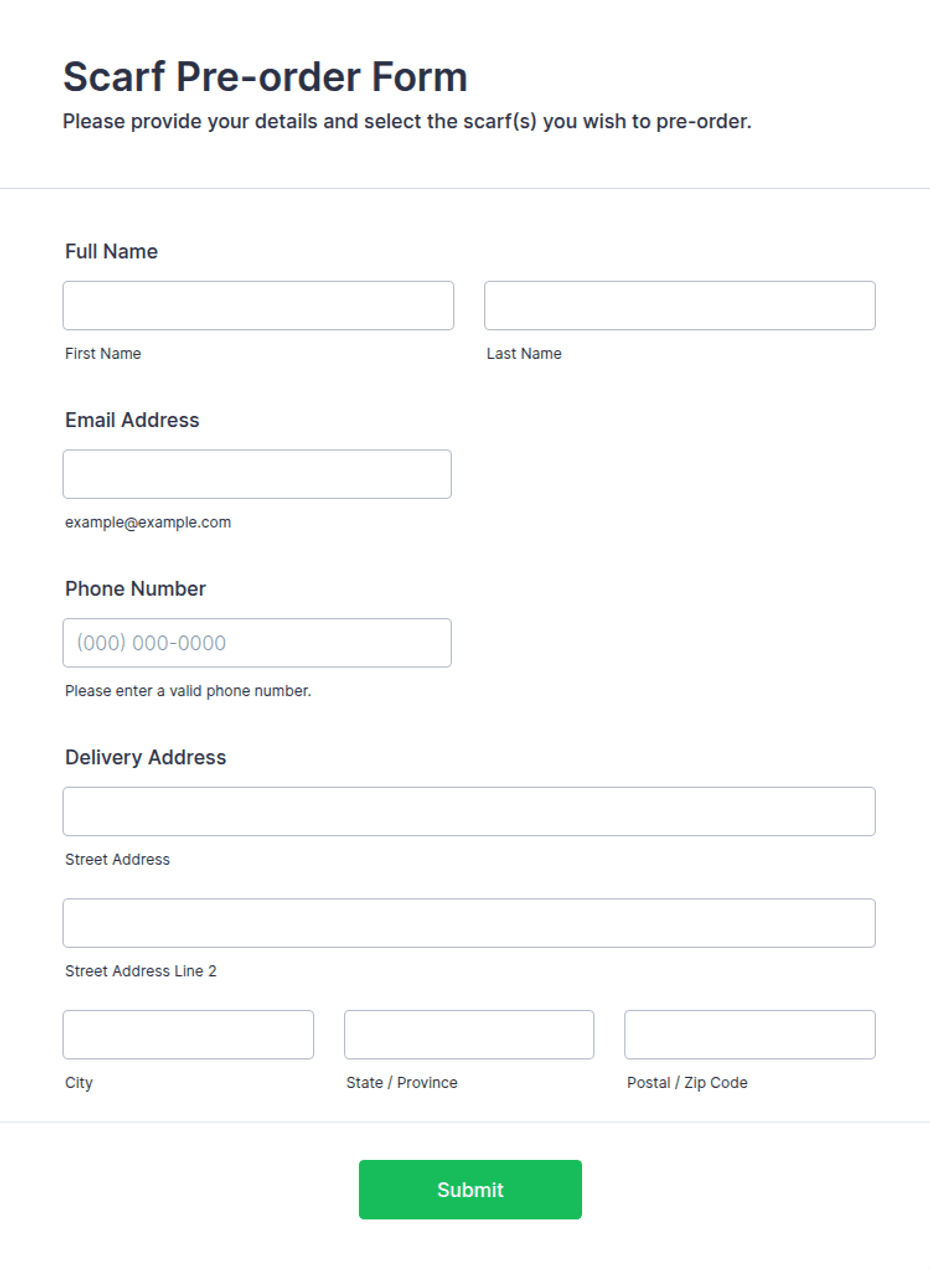 Pre Order Website Form Examples Scarf Pre-order Form Template | Jotform