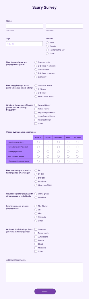 Scary Game Experience Survey Form Template