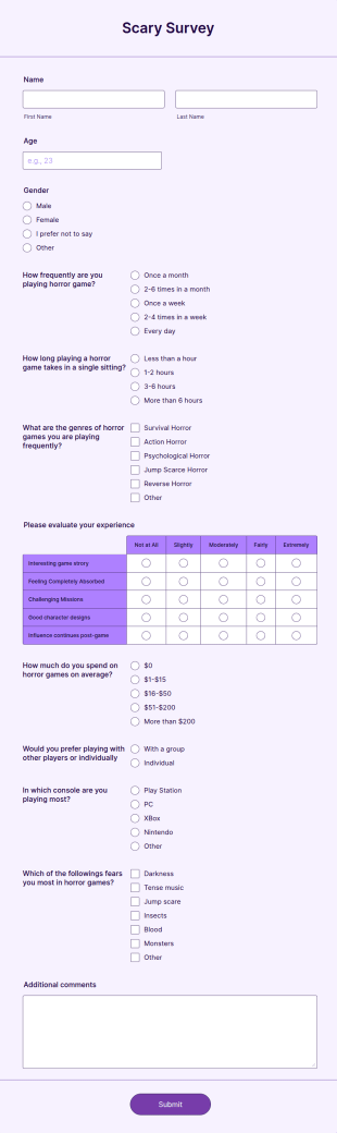 Scary Game Experience Survey Form Template