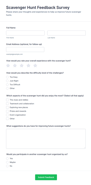 Scavenger Hunt Feedback Survey Form Template
