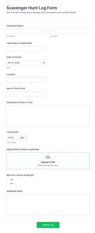 Scavenger Hunt Log Form Template