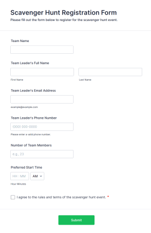 Scavenger Hunt Registration Form Form Template