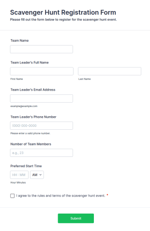 Scavenger Hunt Registration Form Template