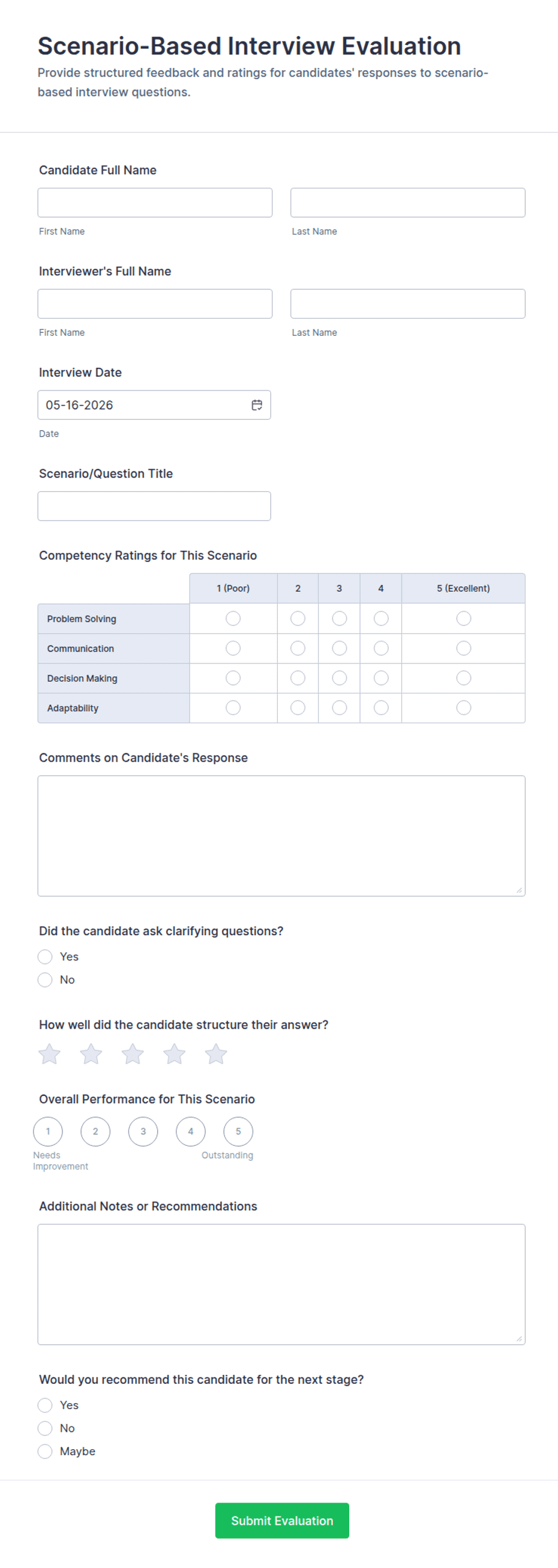 Scenario-Based Interview Evaluation Form Template | Jotform