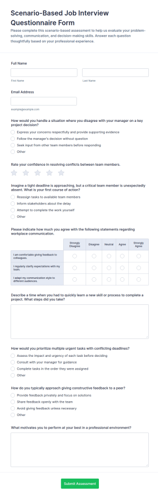Scenario Based Job Interview Questionnaire Form Template