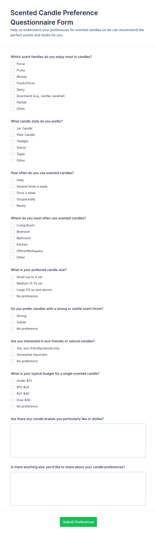 Scented Candle Preference Questionnaire Form Template