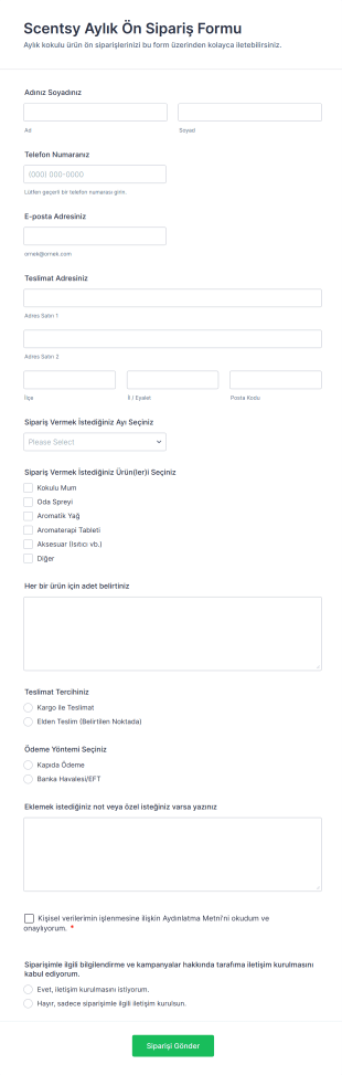 Scentsy Aylık Ön Sipariş Form Şablonu