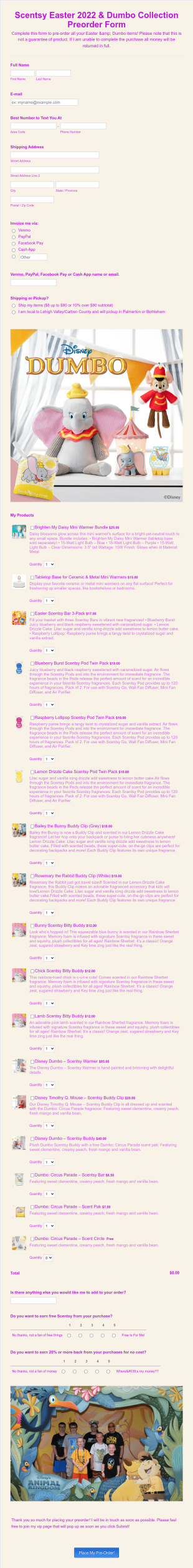 Scentsy Easter 2022 &amp Dumbo Collection Preorder Form Template