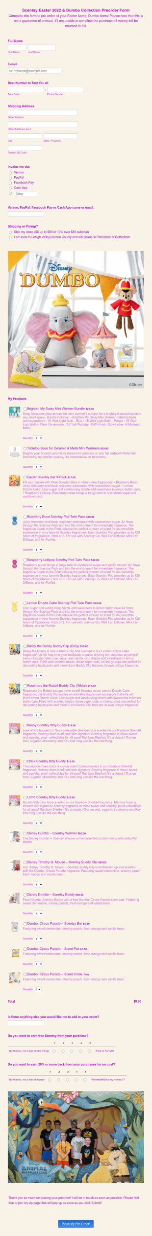 Scentsy Easter 2022 & Dumbo Collection Preorder Form Template