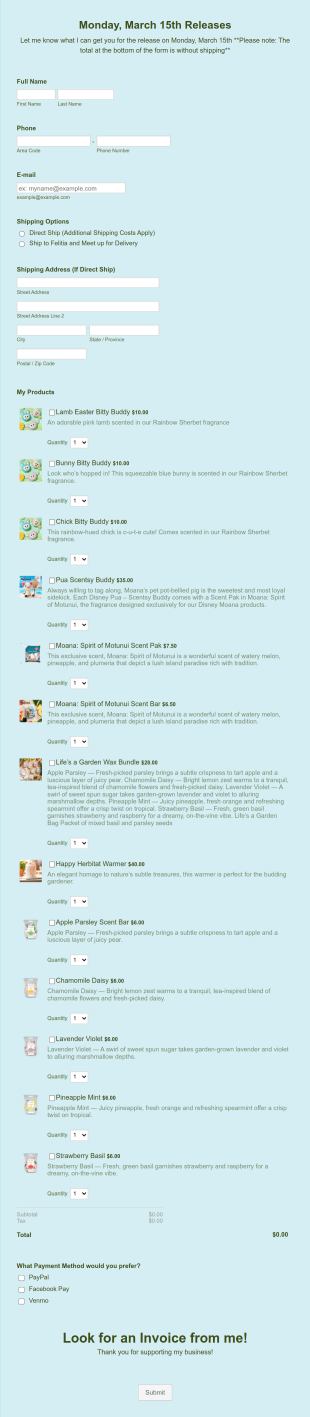 Scentsy March 15th Pre Order Form Template