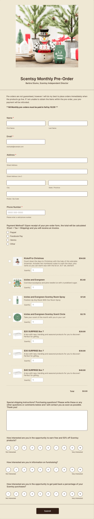 Scentsy Monthly Pre Order Form Template