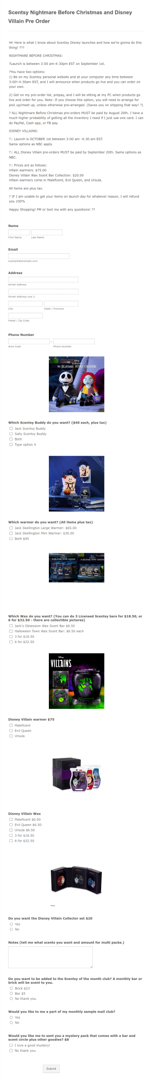 Scentsy Nightmare Before Christmas And Disney Villain Pre Order Form Template