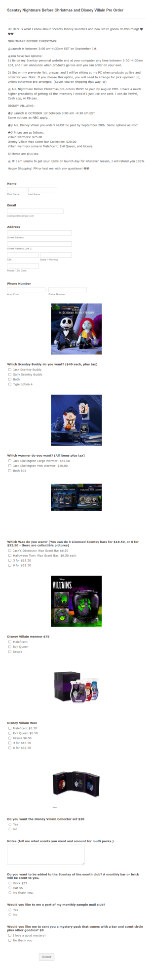 Scentsy Nightmare Before Christmas And Disney Villain Pre Order Form Template