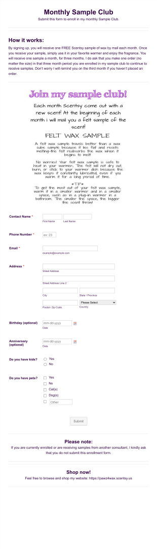 Scentsy Sample Club Form Template