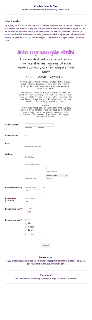 Scentsy Sample Club Form Template