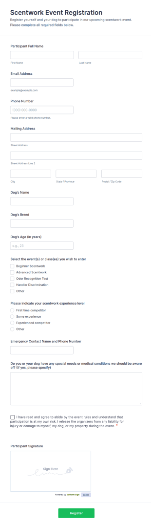 Scentwork Event Registration Form Template