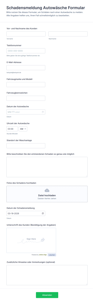 Schadensmeldung Autowäsche Formular