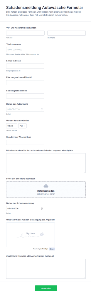 Schadensmeldung Autowäsche Formular