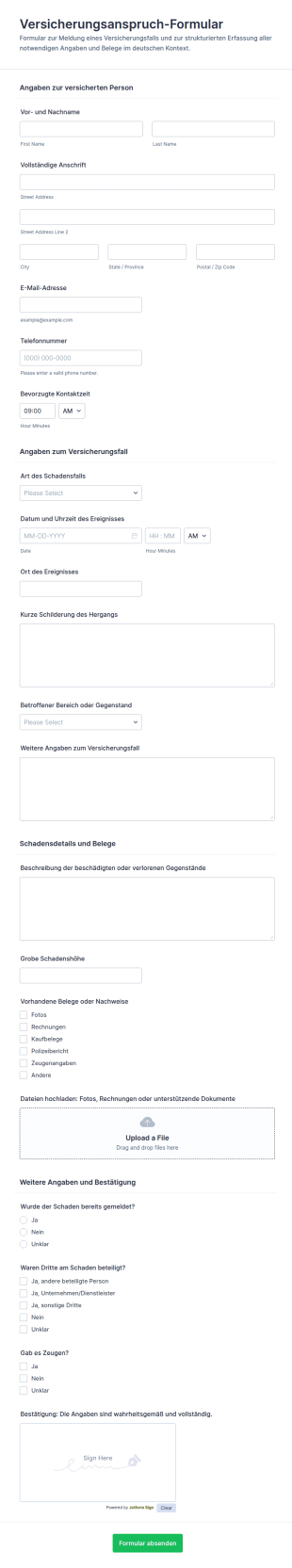 Schadensmeldung Für Versicherungsansprüche Formular