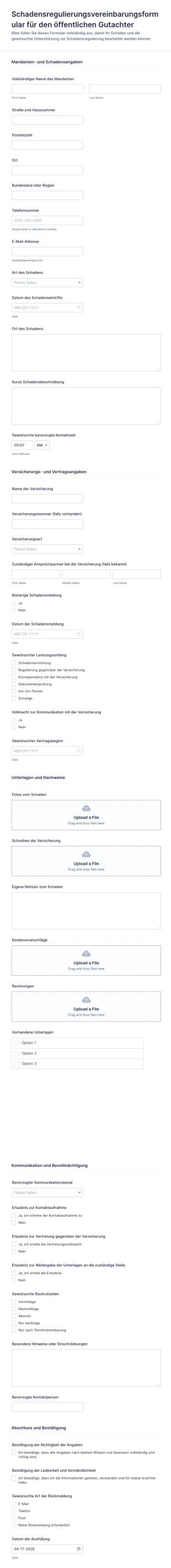Schadensregulierer Vertrag Formular