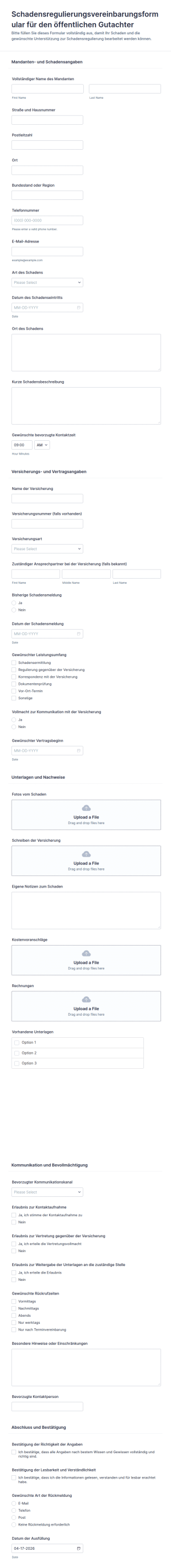Schadensregulierer Vertrag Formular