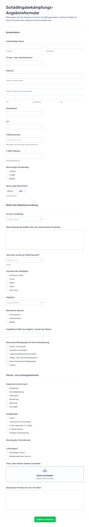 Schädlingsbekämpfungsangebot Formular 🐜📝