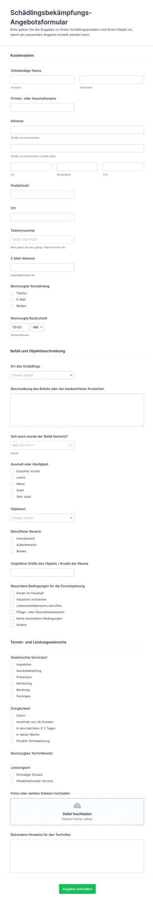 Schädlingsbekämpfungsangebot Formular 🐜📝