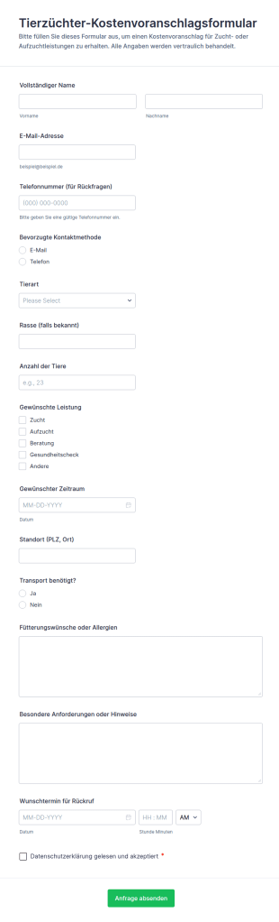 Schätzanfrage Für Züchteraufwand
