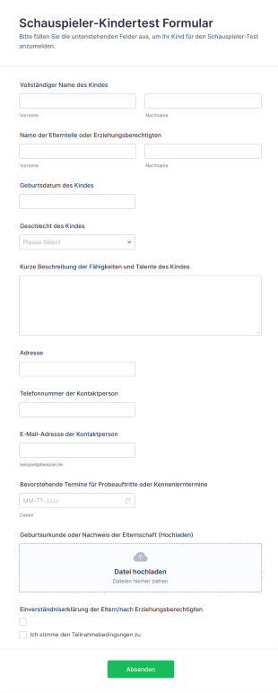 Schauspieler Kindertest Formular