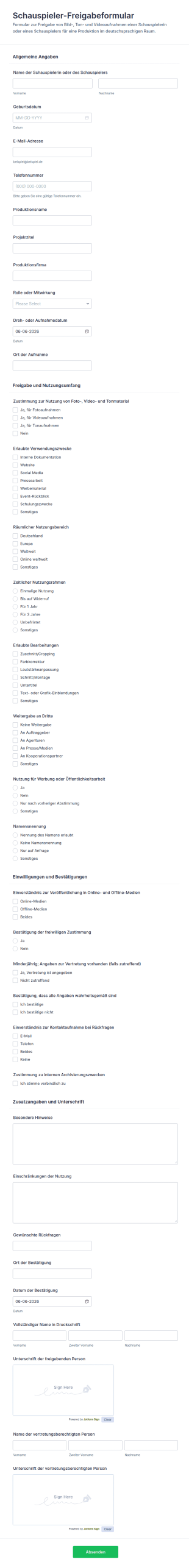 Schauspielerfreigabeformular