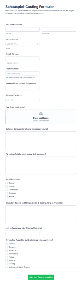 Schauspielerprobe Teilnahmeformular