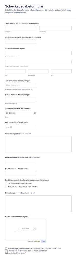 Scheckausgabeformular