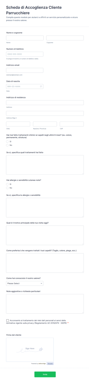 Scheda Di Accoglienza Cliente Parrucchiere