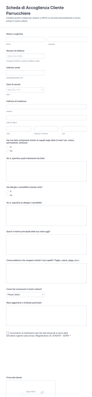 Scheda Di Accoglienza Cliente Parrucchiere