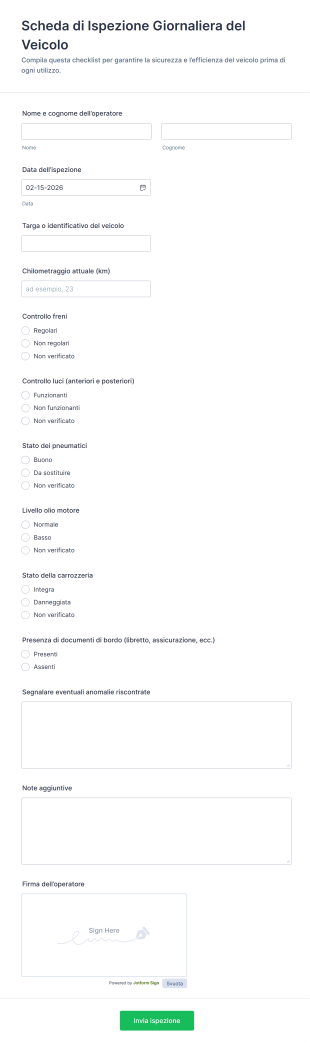 Scheda Di Ispezione Giornaliera Del Veicolo