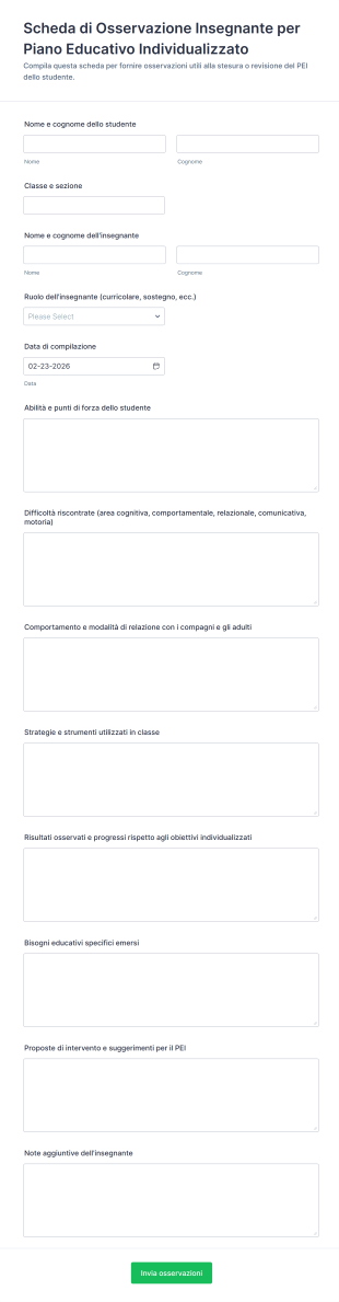 Scheda Di Osservazione Insegnante Per Piano Educativo Individualizzato