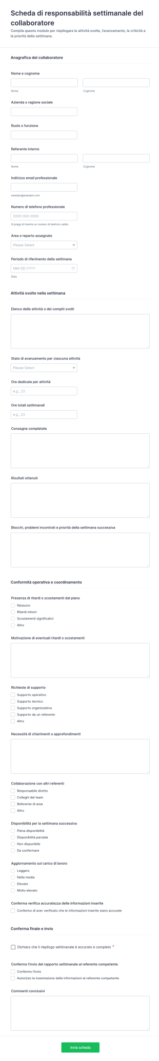 Scheda Di Rendicontazione Settimanale Per Collaboratori