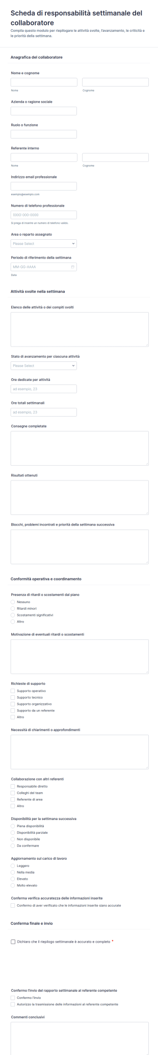 Scheda Di Rendicontazione Settimanale Per Collaboratori