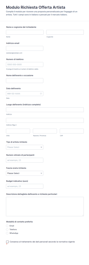 Scheda Offerta Artista Modulo