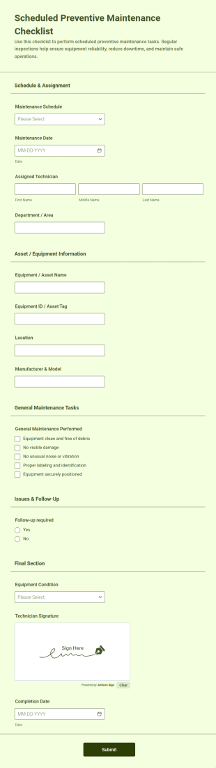 Scheduled Preventive Maintenance Checklist Form Template